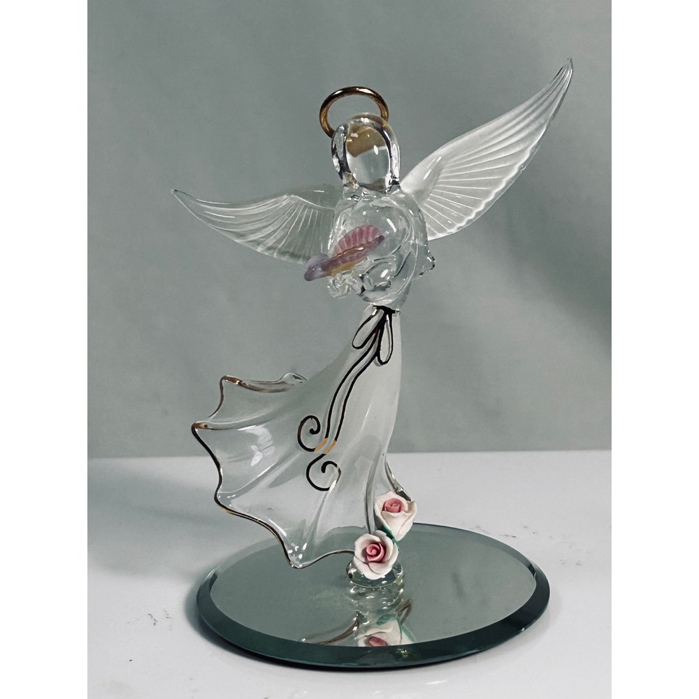 Glass Baron‎ Angel Holding Butterfly Glass Figurine Gold Trim Mirrored Base